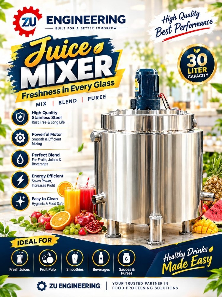 ZU Engineering 30 Liter Commercial Juice Mixer β Stainless Steel Electric Fruit Blending & Pureeing Machine - Image 2