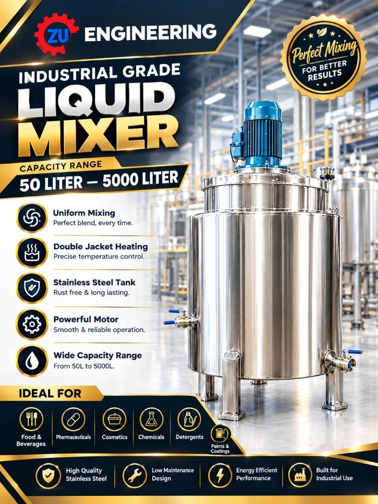 ZU Engineering Industrial Grade Liquid Mixer β 50L to 5000L Stainless Steel Jacketed Heating & Blending Tank - Image 2